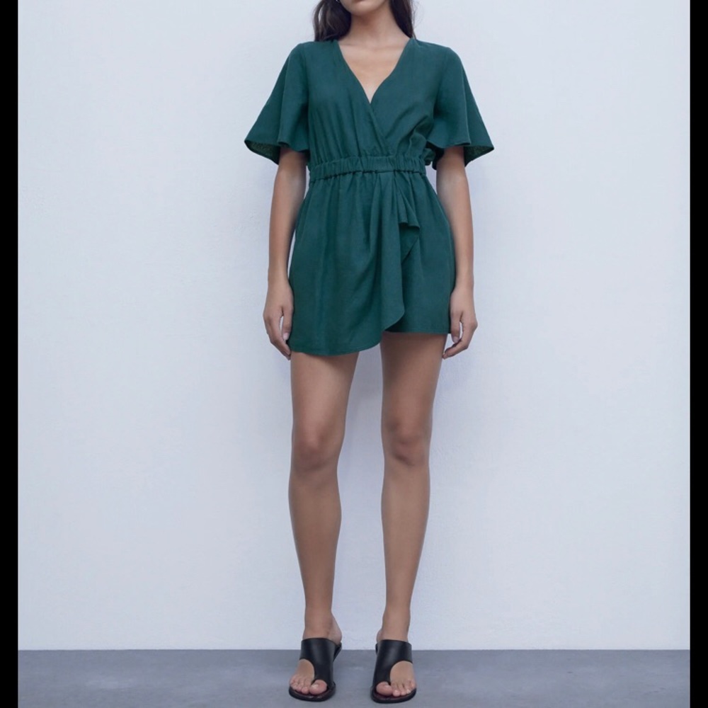Zara Linen Blend Jumpsuit Petrol Blue